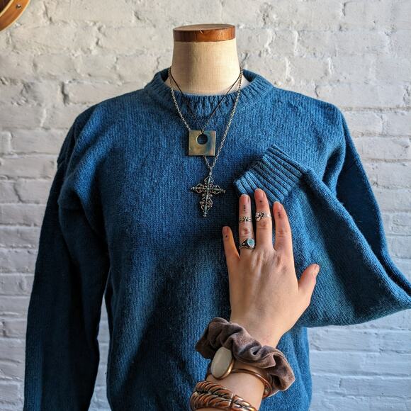 Vintage Woolrich Chunky Knit Wool Grandpa Sweater Teal Fuzzy Minimalist Western - Picture 4 of 9